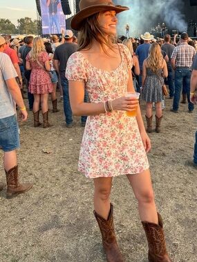 TRIXXI Pink Floral Puff Sleeve Milkmaid Mini Dress Size Medium Cottagecore EUC